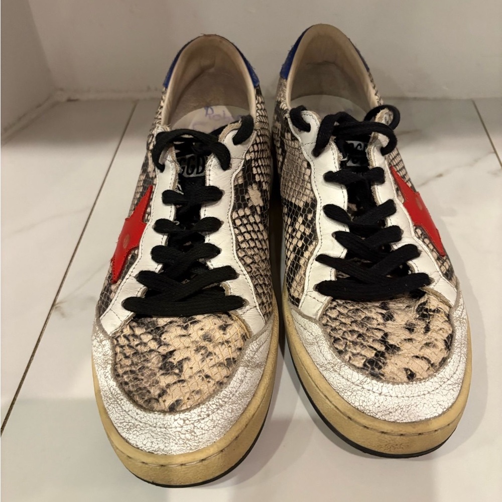Golden Goode Snakeskin Sneakers with Red Star